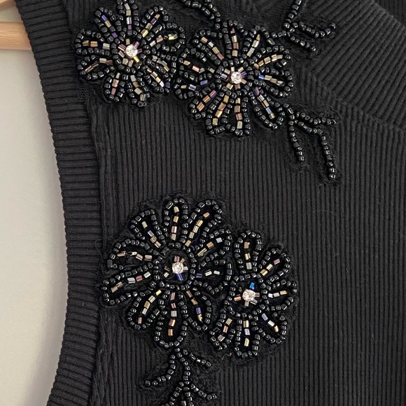 Anthropologie Black Beaded Applique Tank Top Sleeveless Ribbed Cotton Knit Sz 2X - Picture 8 of 16